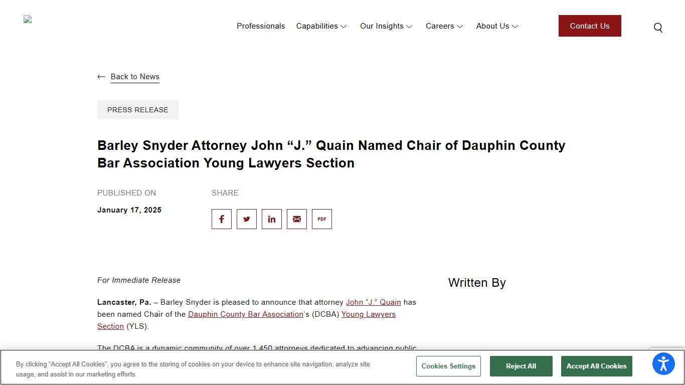 Barley Snyder Attorney John “J.” Quain Named Chair of Dauphin County Bar Association Young Lawyers Section - Barley Snyder